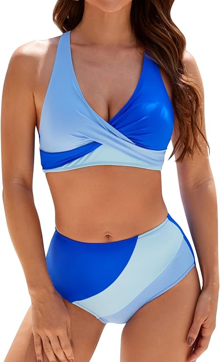 Adigaber Women's Two Piece Swimsuits Criss Cross Top Bikini High Waisted Bottom Tummy Control Bathing Suits