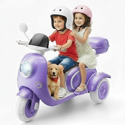 Hikole 12V Kids Electric Motorcycle, 2 Seater 3 Wheels Moped, USB, Music, Horn, Light, Big Storage Box, Dual Motor Electric Ideal Motorcycle for Girls & Boys Aged 3, Purple