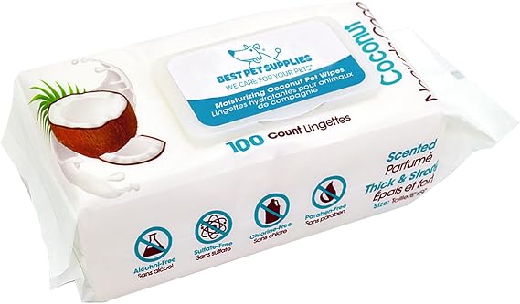 Best Pet Supplies Cleaning Dog Wipes - Moisturizing Coconut 100 Count | Coconut Scented, Large 8x9" Pet Wipes, Vitamin E, Puppy & Cat Safe, Gentle Grooming, Resealable Pouch Prevents Drying