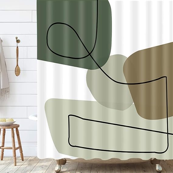 Abstract Mid Century Neutral Shower Curtain for Bathroom, Sea Foam Green Minimalist Geometric Modern Aesthetic Shower Curtain Sets, Waterproof Fabric Polyester Bath Curtain with Hooks