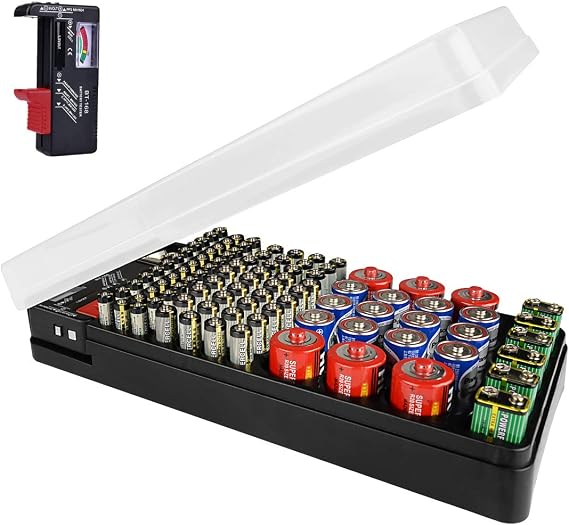LUEXBOX Battery Organizer Storage Case Holder with Tester Holds 98 Pack, High-Capacity Battery Box and Tester, Battery Case Suitable for AAA, AA, 9V, C, D, Button Cell Batteries
