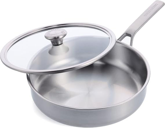 Merten & Storck Tri-Ply Stainless Steel 3.5QT Saute Pan with Lid, Professional Cooking, Multi Clad, Measurement Markings, Drip-Free Pouring Edges, Durable Glass Lid, Induction, Oven & Dishwasher Safe