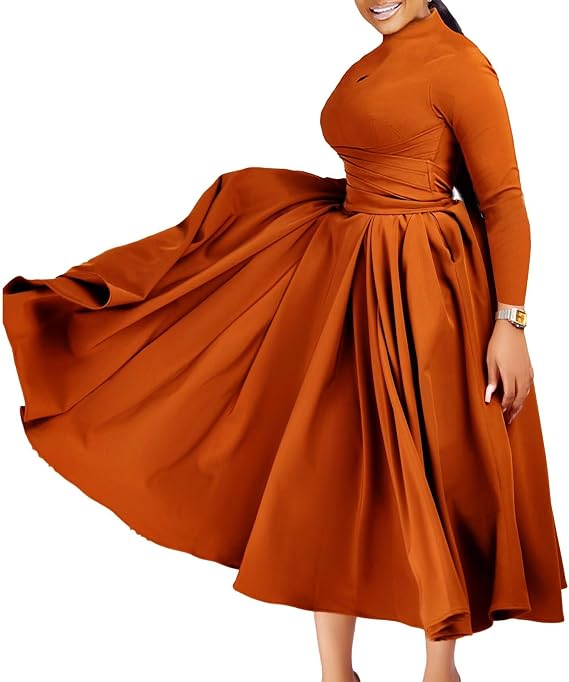 Women's Elegant Mock Neck Long Long Sleeve High Waist Ruffle Pleated A Line Midi Dress Pleated Dress