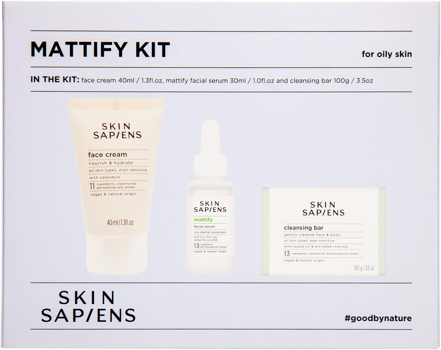 SKIN SAPIENS Mattify kit for oily and combination skin, Ecocert Cosmos Natural, Cruelty Free and Vegan Skincare, Soap-Free Cleansing Bar, Nourish & Hydrate Cream, Mattify Facial Serum