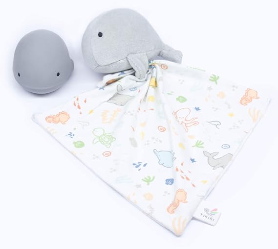 Tikiri Cuddles Whale Bundle - Organic Lovey with Natural Rubber Toy, Teether, Rattle and Bath Toy
