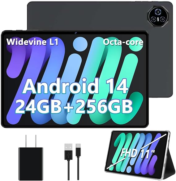 2026 11 inch Tablet, 24GB RAM+256GB ROM(2TB TF), Android 14 Tablets with 8000mAh Battery, (13+5) MP Camera, Supports Widevine L1, 5G WiFi, GPS, BT5.0, Tablet with Case -Gray