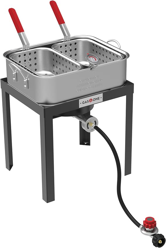 Gas One Double Fryer with 2 Baskets Propane Burners for Outdoor Cooking Heavy Duty 18Qt Aluminum Pot Outdoor Deep Fryer with Cast Iron Burner Propane Deep Fryer with Thermometer