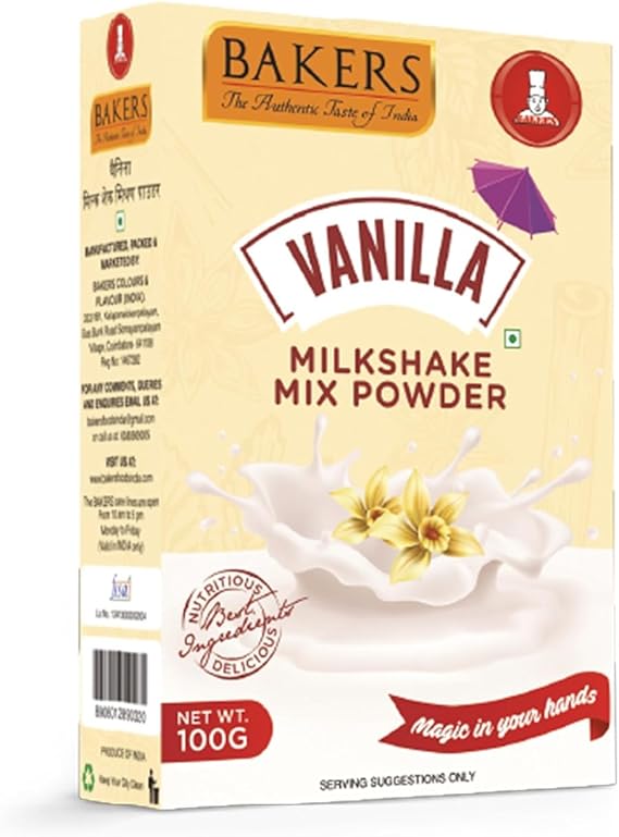 BAKERS Vanilla Flavour Powder Milk Shake Mix, Instant Preparation No Sugar Needed- 100g (Pack Of 1)