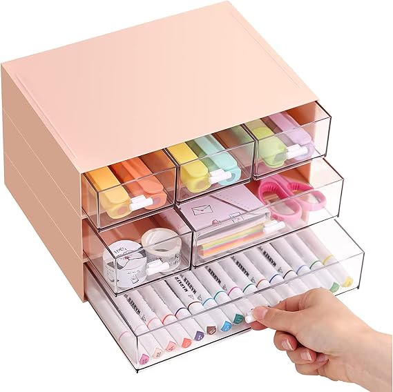 HUACHENG Trinket Organizer, Desktop Storage Case, Transparent Drawer, 3-Piece Set, Stylish, Acrylic Case, Pink