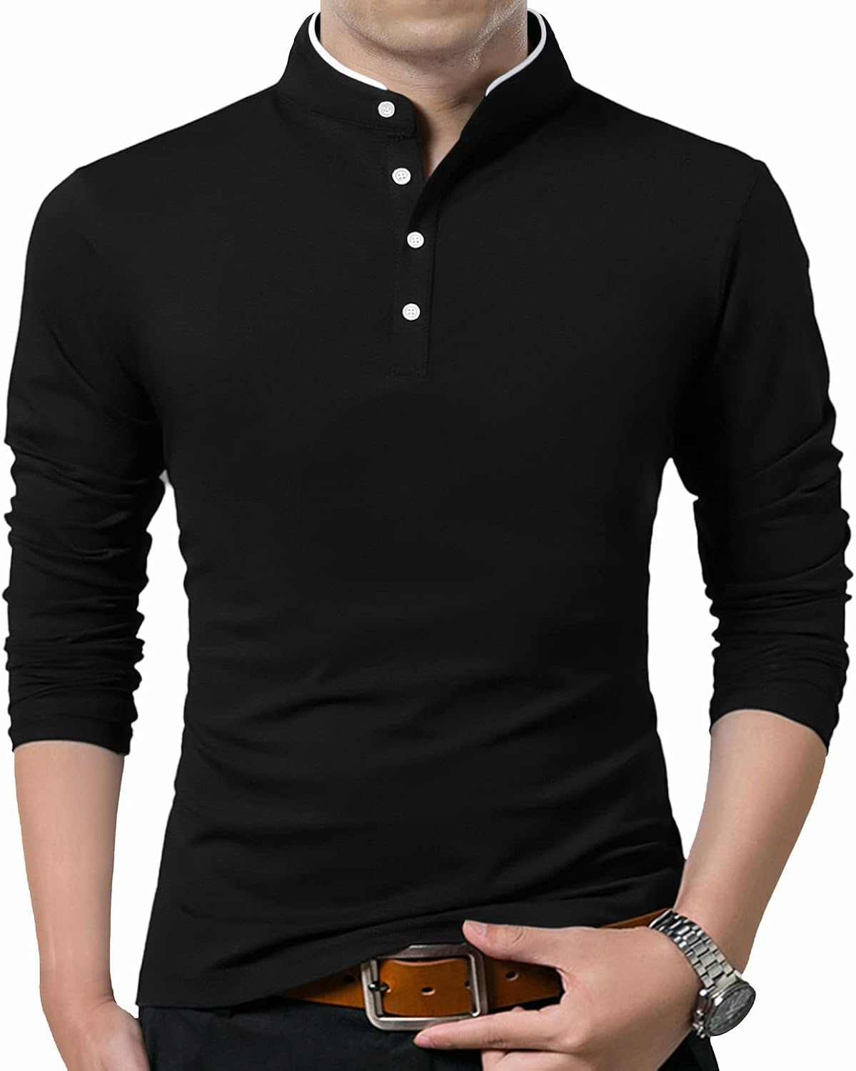 KUYIGO Men's Casual Slim Fit Shirts Solid Long Sleeve Polo Mandarin Collared Fashion Cotton T-Shirts
