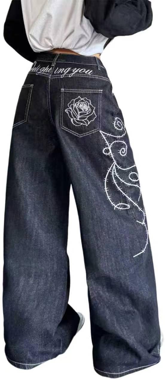 Womens Wide Leg Baggy Jeans Y2K Denim Pants
