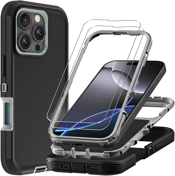 for iPhone 16 Pro Max Case with 2Pcs Tempered Glass Screen Protector, Military Grade 3 in 1 Heavy Duty Shockproof/Drop Proof/Dust Proof Case (Black/Grey)