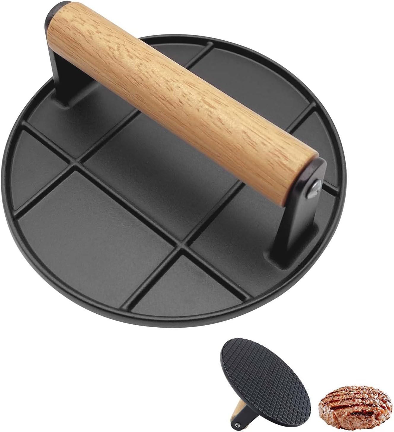 Smash Burger Press, 16cm Round Burger Press, Heat Resistant Wooden Handle, No sticker Burger Smasher for BBQ Flat Top Griddle Grill Cooking, Black