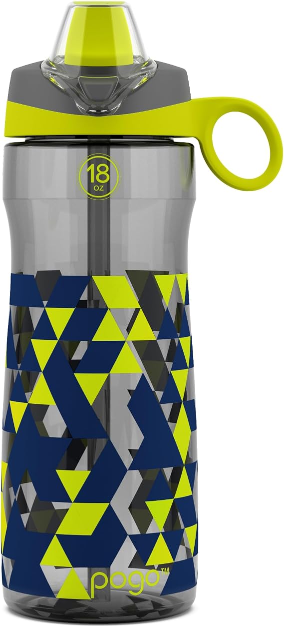 Pogo BPA-Free Tritan Kids Water Bottle with Silicone Soft Straw, Grey Geode, 18 oz.