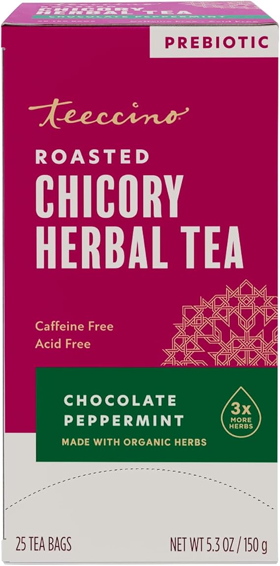 Teeccino Chocolate Peppermint Herbal Tea - Enjoy Hot or Iced Tea with Cooling Peppermint, Cocoa & Chicory, Prebiotic, Caffeine Free, Acid Free, 25 Tea Bags