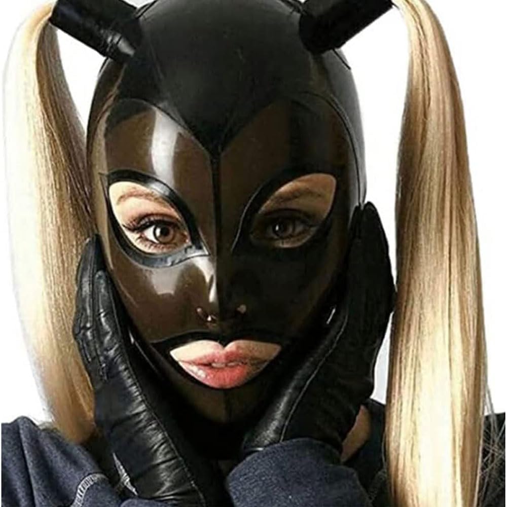 YXBLV SM Bondage Mask, Latex Mask with Twin Ponytail Wig, Party Masquerade, Halloween Latex Mask, Mouth Open, Eyes, Nose, Breathing Holes, Sexy Mask, Cosplay with Zip
