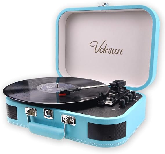 VOKSUN Portable Record Player, Vintage Vinyl Player Suitcase with Built-in Speakers & Bluetooth, 3-Speed Belt-Drive Turntable, Supports MP3 Recording via USB, AUX/RCA/Headphone Jack,Blue