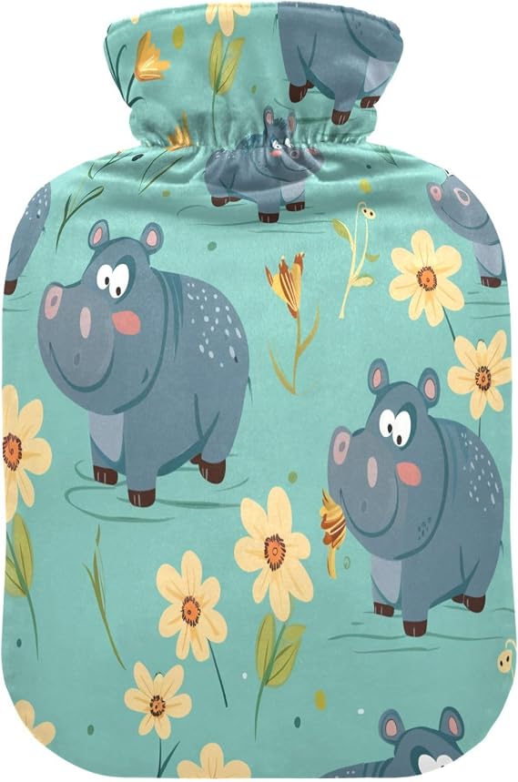 Hippo with Flowers Hot Cold Water Bottle with Fleece Cover PVC Hot Water Bag 2 Liter