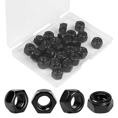 25Pcs 1/4"-20 Nylon Insert Hex Lock Nuts Self-Locking Nut | 304 Stainless Steel Locknuts, Standard Inch Threaded Nylock Nuts, Hex Drive, Zinc Plated Black