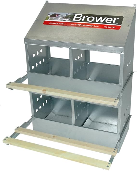 Brower Galvanized Steel 4 Hole, 20 Hen Capacity Outdoor Poultry Brooding Chicken Nesting Box with Hinged Folding Perches, Silver