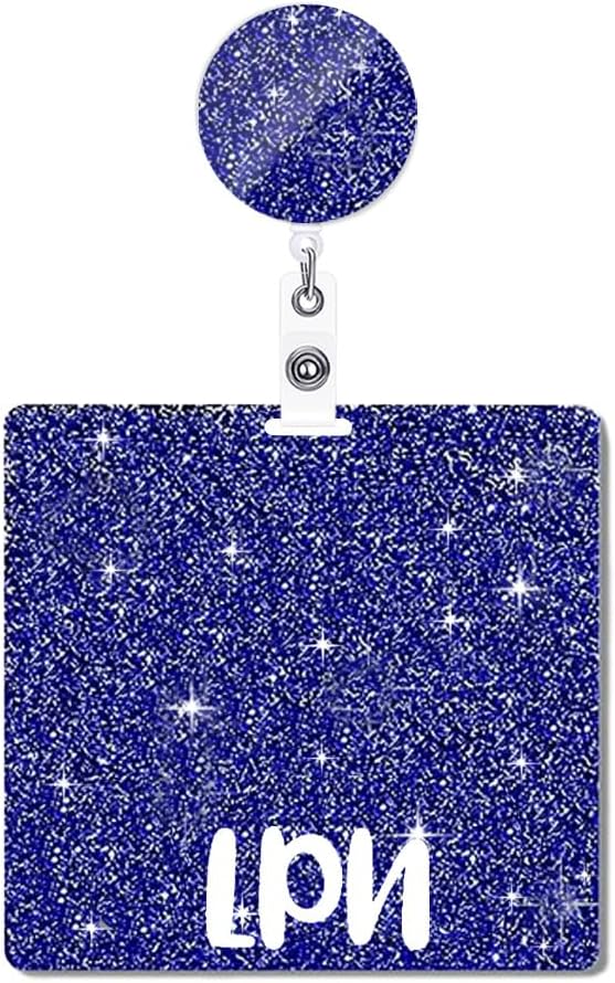 LPN Badge Buddy and Reel Set - Horizontal Card Holder, Acrylic Bling Buddies, Navy Blue Retractable Reel - Nursing Gifts, Medical Glitter ID Card A58KL