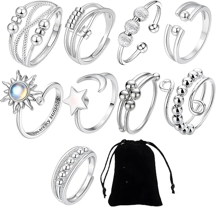 5 Pack Fidget Ring Adjustable Open Spinner for Anxiety Stress Relief Silver | Adjustable Rings for Women Fidget Toys Adults Anxiety Rings for Birthday Party Gifts Mood Rings Knuckle Rings Jewellery