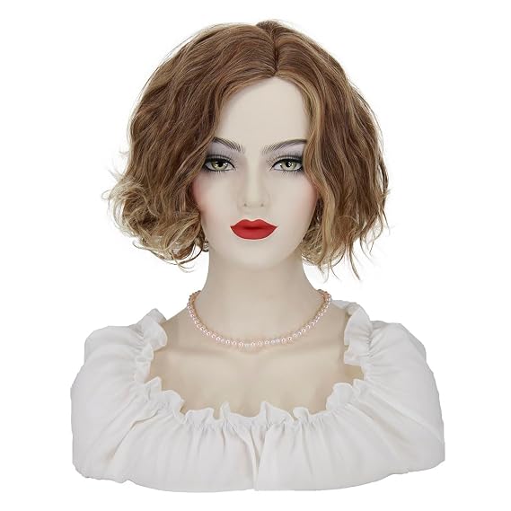ELIM Short Curly Wigs for White Women Blonde Mixed Brown Synthetic Hair Wig Wavy Curly Cosplay Wigs for Daily Party Use with Wig Cap Z308