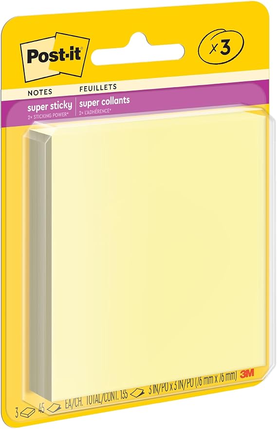 Post-it Super Sticky Notes, 3 x 3 in, Canary Yellow, 3 Pads, 45 Sheets/Pad | School Supplies and Office Supplies, 2X the Sticking Power
