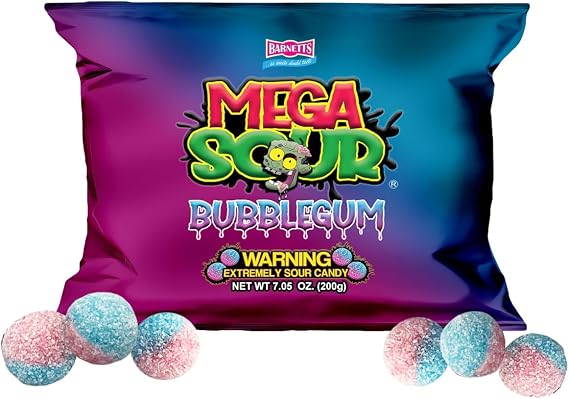 Barnetts - Mega Sour Candy Bubblegum 200g - Trendy Sweet Bags - Traditionally Handmade Sweets - Sour Coating Lasts 20 Seconds - Candies for Party Bag, Gift Hamper, or Hamper Box