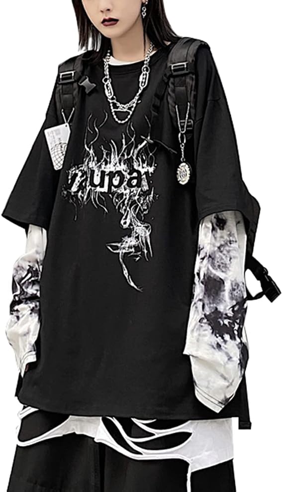 TAITENG Women's Long T-Shirt, Harajuku Style, Long Sleeve, Loose Fit, Oversized, T-shirt, Layered, Tie-Dye, Top, Korean Pullover, Mass Production Type, Black, Spring, Autumn