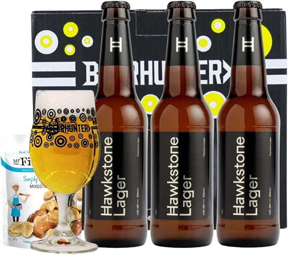 Hawkstone Lager Gift Set with Beerhunter Glass & Mr Filbert's Snacks