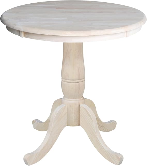 IC International Concepts, 30" Round Top Pedestal Dining Table, Solid Real Wood, Sturdy Parawood, Dimensions 30" D x 30" W x 28.8" H, Paint/Stain Ready, Unfinished