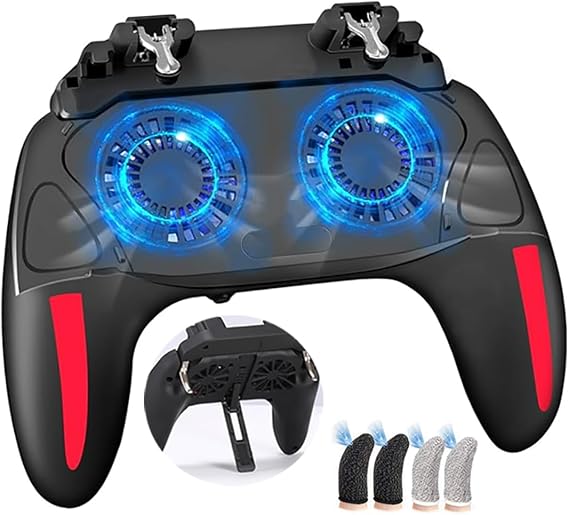 PUBG Mobile Latest 4 Fingers Wilderness Behavior Controller 4 Fingers Telescopic Adjustable With Cooling Fan Triggered Click Game Experience High Sensitivity High Speed Shooting Integrated 2-Step Air Volume Adjustment Compatible with iPhone/Android Games Finger Sack Rapid Heat Dissipation with Dual Fan 4 Finger Sack