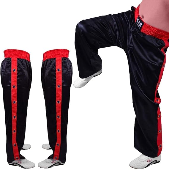 MAR | Full Contact Kickboxing Trousers; Boxing, Muay-Thai, Fitness & Karate Pants, 8oz Polyester Satin Fabric with Striped Star Design, Elasticated Drawstring Waistband Bottoms