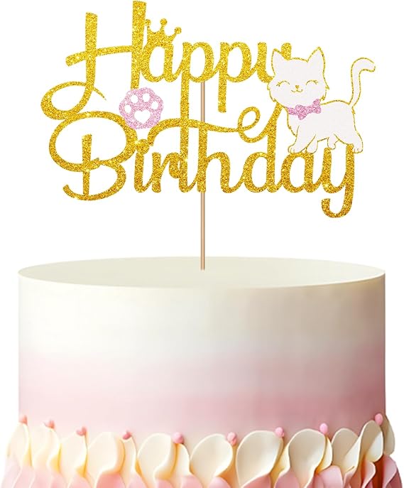 Cat Happy Birthday Cake Topper, Kitten Cat 1st Birthday Cake Decor, Gold Glitter Meow Kitty Cake Topper for Girl, Pet Themed Anniversary Party Decoration