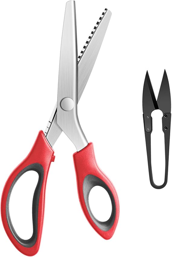 KUONIIY Pinking Shears Serrated, Comfort Grips Handled, Professional Dressmaking Sewing Craft, Zig Zag Cut Scissors, 9 Inch, Red Black
