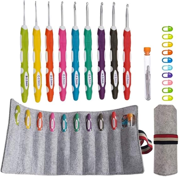 Lewhoo Ergonomic Crochet Hooks with Roll Felt Bag for Arthritic Hand B to J