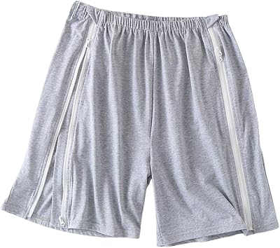 Unisex Zipper Bedridden Patient Clothing,Patient Shorts,Tear Away Pants,Soft Cotton,Hospital Pants for Home CarePost SurgeryDialysisElderly,Gray Nursing Shorts.