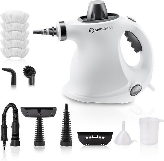 Sakerplus Steam Cleaner, Handheld Pressurized Steamer, 1050W 230F Fast Heating with 9 Accessories, Multi-Surface Steam Cleaner for Home, Car, Tile & Grout, Windows, Upholstery (5 Towel Sleeve)