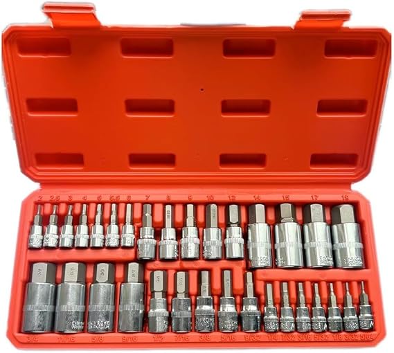 32-Piece Hex Bit Socket Set with 1/4 | 3/8 | 1/2 Inch Drives | Metric SAE Sizes | Metal Adapter for Torque Spanner Wrench | Includes Storage Box