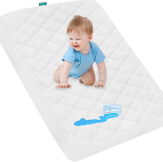 Waterproof Crib Mattress Pad Cover for Pack N Play - 39" x 27" Fitted Pad for Graco Playard Mattress | Mini & Portable Playard Mattresses - Washable Ultra Soft Padding - White