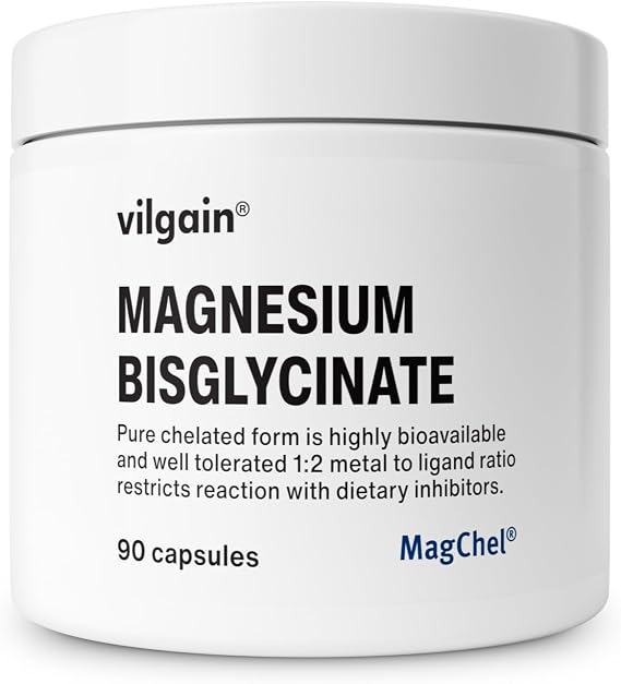 Vilgain Magnesium, Magnesium Bisglycinate for Proper Body Function, Optimally Used, Vegan and No Unwanted Additives, 90 Capsules