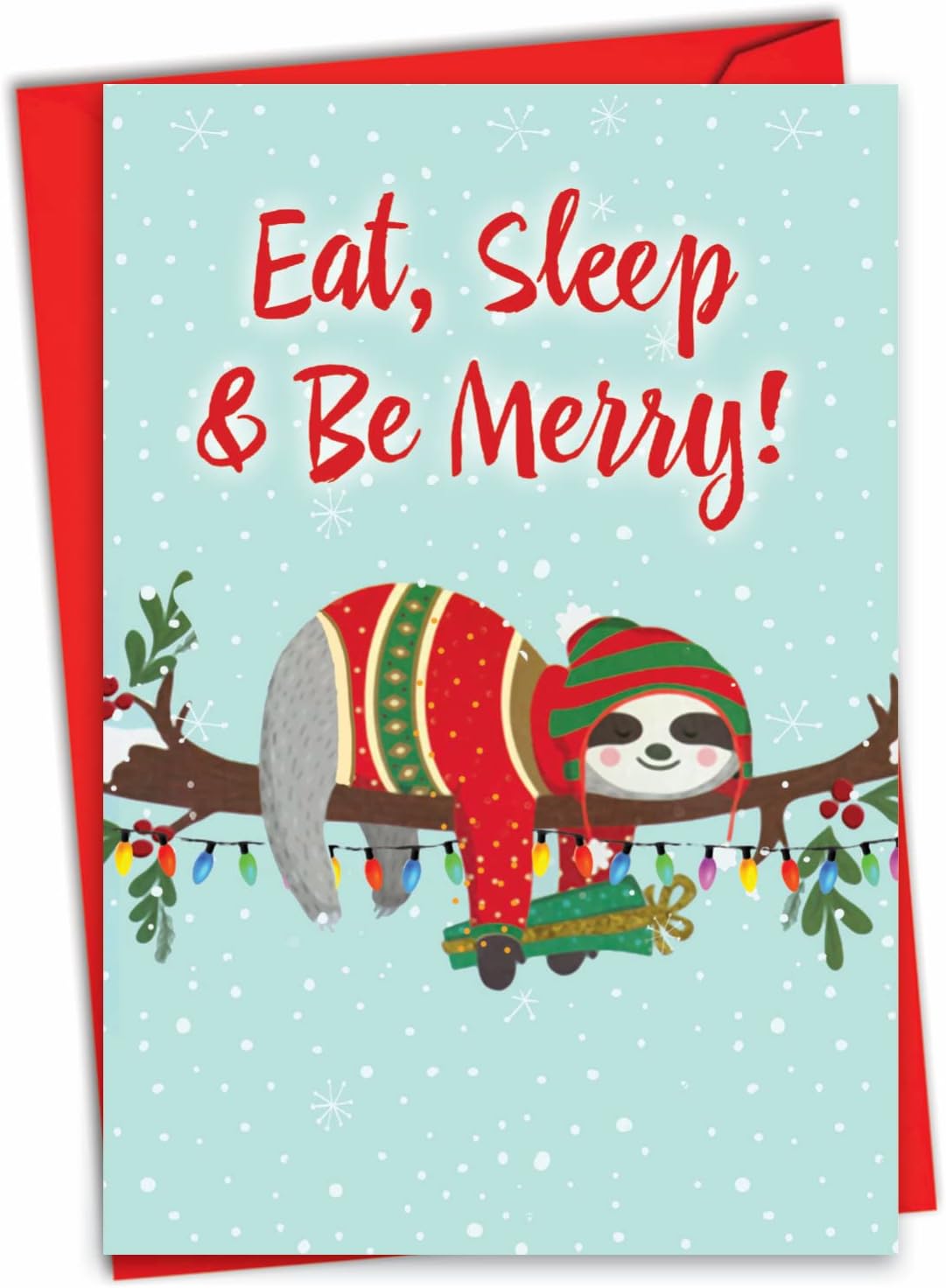 NobleWorks - Merry Christmas Card with Envelope - Funny Animal Humor, Kids Xmas Card for Holiday Greetings - Eat, Sleep, and be Merry C7046XSG