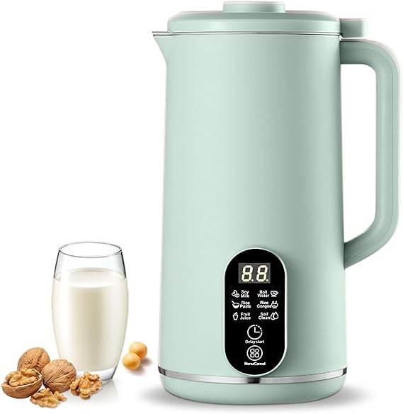 WingFly Soy Milk Maker Machine, 650ML Automatic Nut Milk Maker with 10 Blades, Juice Soup Maker with Delay Start, Keep Warm, Self-Cleaning for Almonds, Oats, Soybeans, Fruits (Green)
