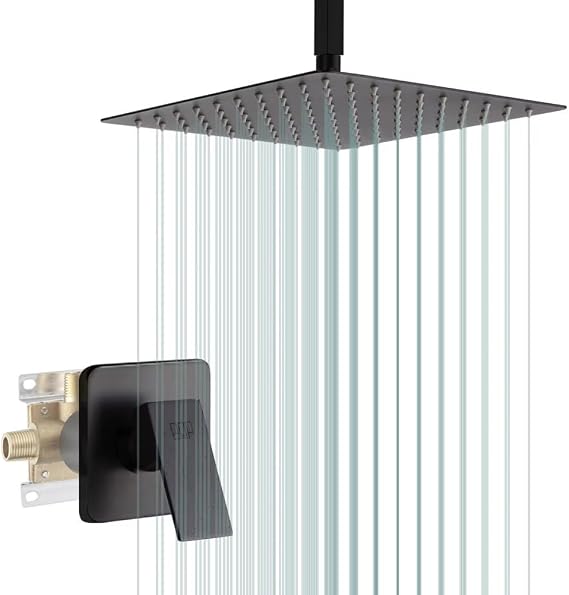 Matte Black Shower Faucet Set, Bathroom Rainfall Shower System with Stainless Steel Metal Showerhead, Single Function Shower Trim Kit with Rough-in Valve