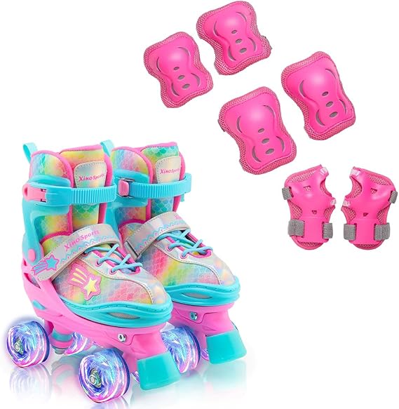 Rainbow Roller Skates (S) + Pink Protective Gear Bundle