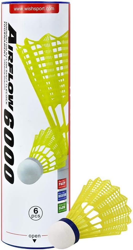 WISH Airflow 6000 Badminton Tournament Shuttlecocks 6 Pack Tube of Durable Nylon Shuttlecocks with Cork Tips Badminton Birdies for Indoor and Outdoor Play