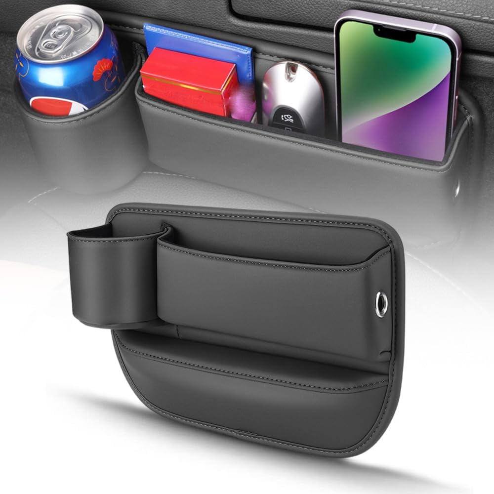Car Leather Cup Holder Gap Bag,Car Seat Gap Storage Box, Leather Cup Holder Gap Organizer Bag with Cup Holder for Phones Glasses Keys Cards (Black,Passenger)