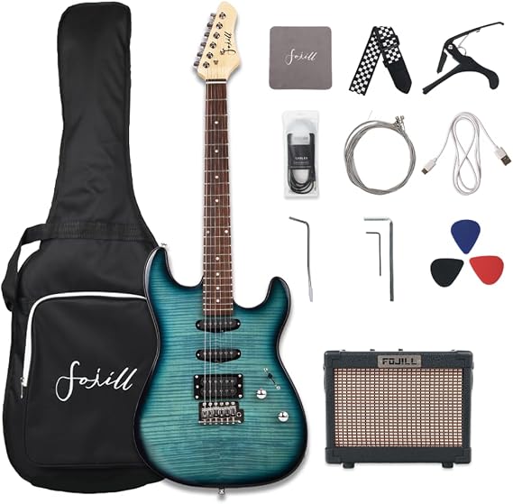 Fojill Flame Maple Color Full Size Electric Guitar Kit Set,Flame Blue