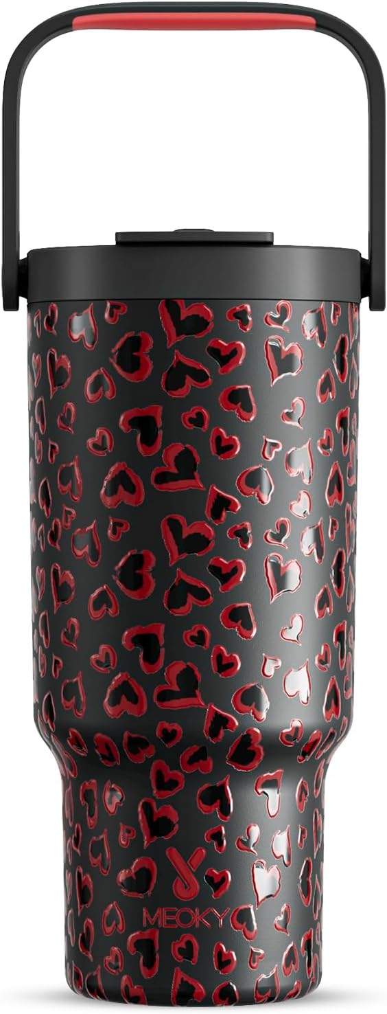 Meoky 32 oz Tumbler with Handle, Tumbler with Lid and Straw, Stainless Steel Travel Mug, 100% Leak Proof, Keeps Cold for 24 Hours, Fits in Car Cup Holder (Heart)